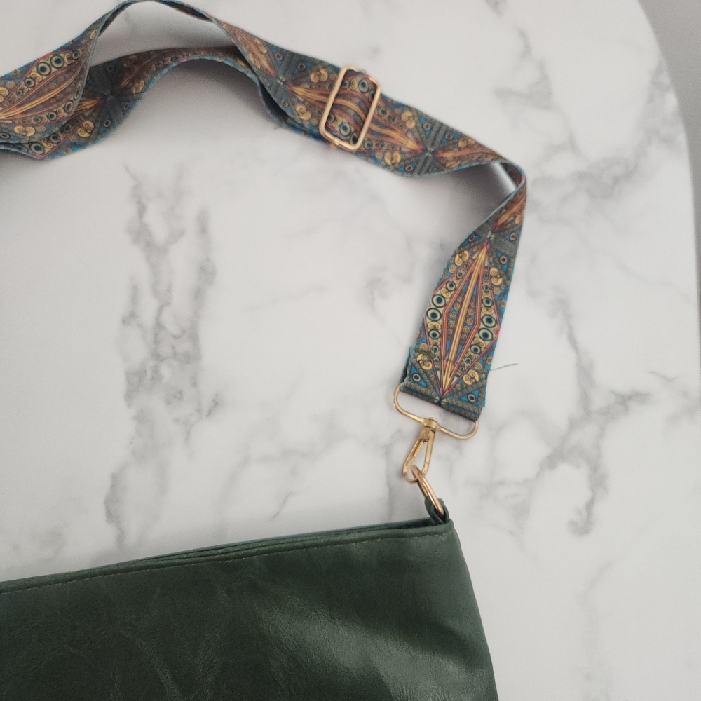 Unisex Army Green Tote Bag with Patterned Boho Strap - Picture 5 of 16